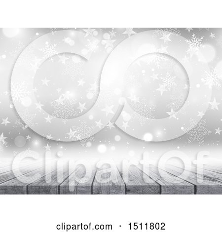 Clipart of a 3d Wood Surface and Winter Christmas Snowflake Background - Royalty Free Illustration by KJ Pargeter
