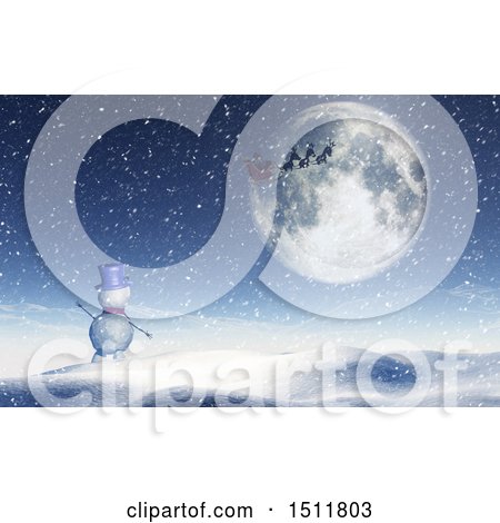 Clipart of a 3d Snowman Waving to a Christmas Santa Flying His Sleigh over a Winter Landscape - Royalty Free Illustration by KJ Pargeter