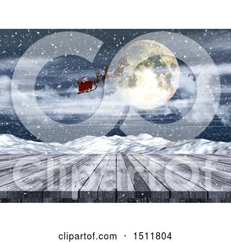 Clipart of a 3d Christmas Santa Flying His Sleigh over a Wood Surface and Winter Landscape - Royalty Free Illustration by KJ Pargeter