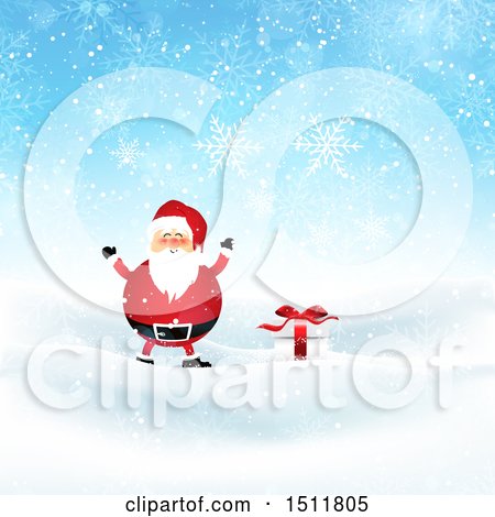 Clipart of a Chubby Christmas Santa Claus with a Gift in the Snow - Royalty Free Vector Illustration by KJ Pargeter