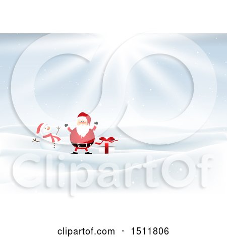 Clipart of a Chubby Christmas Santa Claus with a Snowman and Gift in the Snow - Royalty Free Vector Illustration by KJ Pargeter