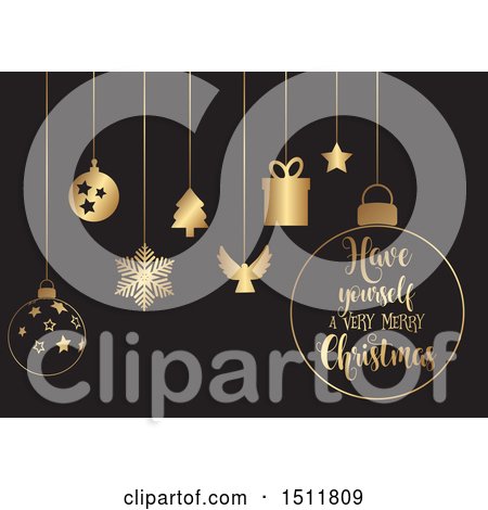 Clipart of a Have Yourself a Very Merry Christmas Greeting with Gold Baubles on Black - Royalty Free Vector Illustration by KJ Pargeter