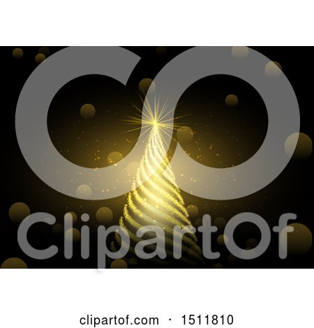 Clipart of a Golden Spiral Christmas Tree and Flares on Black - Royalty Free Vector Illustration by KJ Pargeter
