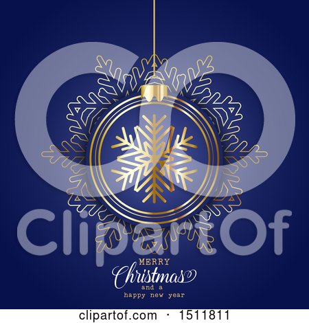 Clipart of a Merry Christmas and a Happy New Year Greeting with a Snowflake Bauble on Blue - Royalty Free Vector Illustration by KJ Pargeter