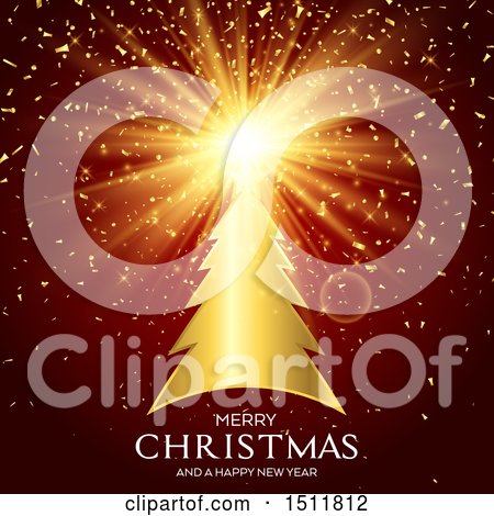 Clipart of a Merry Christmas and a Happy New Year Greeting with a Golden Shining Christmas Tree - Royalty Free Vector Illustration by KJ Pargeter
