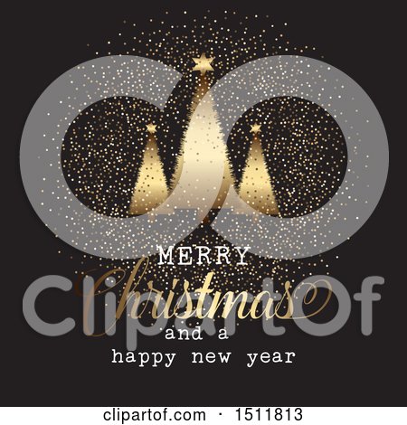 Clipart of a Merry Christmas and a Happy New Year Greeting with Gold Glitter and Trees on Black - Royalty Free Vector Illustration by KJ Pargeter