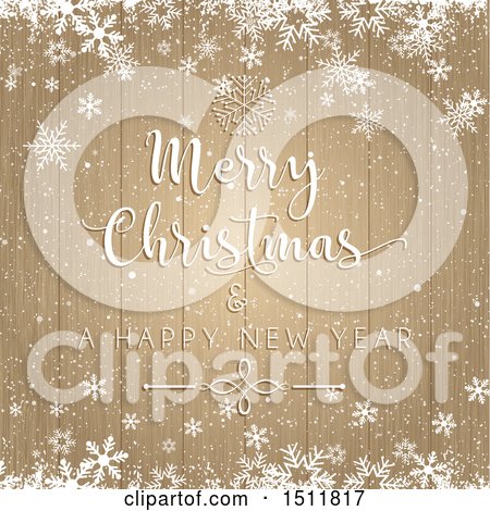 Clipart of a Merry Christmas and a Happy New Year Greeting with Snowflakes on Wood - Royalty Free Vector Illustration by KJ Pargeter