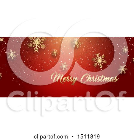 Clipart of a Merry Christmas Greeting with Gold Snowflakes on Red - Royalty Free Vector Illustration by KJ Pargeter