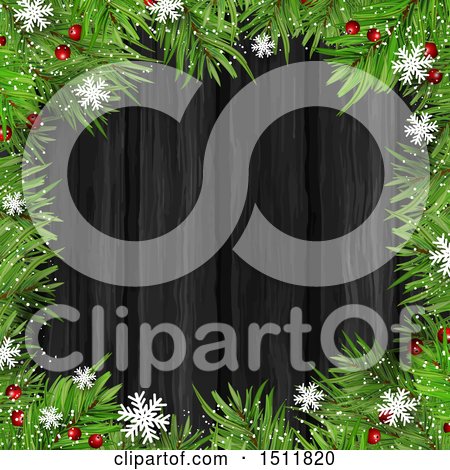 Clipart of a Chrsitmas Tree, Berry and Snowflake Border over Dark Wood - Royalty Free Vector Illustration by KJ Pargeter