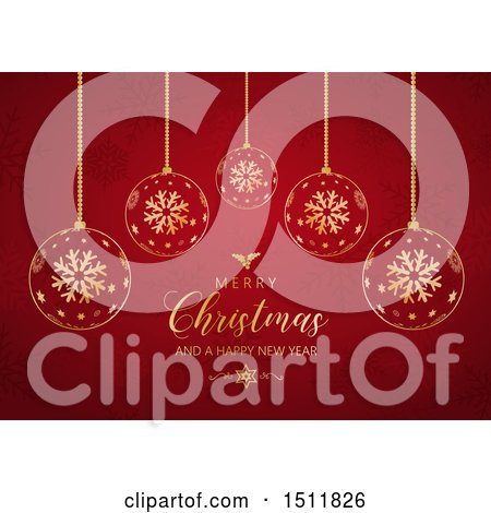 Clipart of a Merry Christmas and a Happy New Year Greeting with Snowflake Baubles on Red - Royalty Free Vector Illustration by KJ Pargeter