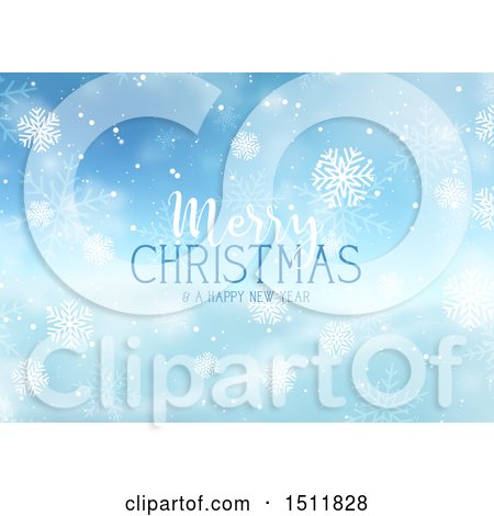 Clipart of a Merry Christmas and a Happy New Year Greeting with Snowflakes on Blue - Royalty Free Vector Illustration by KJ Pargeter