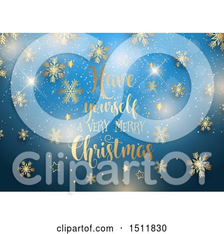 Clipart of a Have Yourself a Very Merry Christmas Greeting with Gold Stars and Snowflakes on Blue - Royalty Free Vector Illustration by KJ Pargeter
