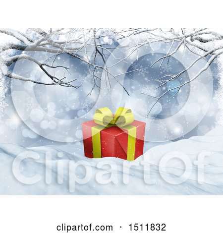 Clipart of a 3d Christmas Gift in Snow - Royalty Free Illustration by KJ Pargeter