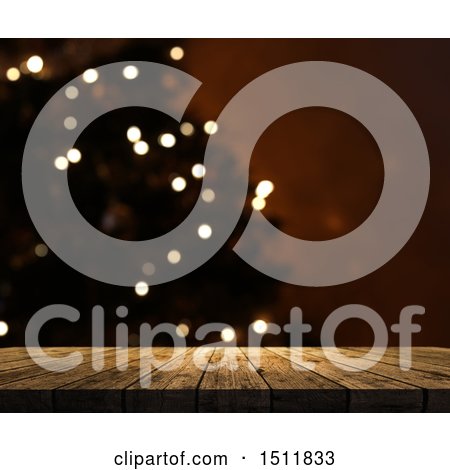 Clipart of a 3d Wood Surface over a Blurred Christmas Tree - Royalty Free Illustration by KJ Pargeter