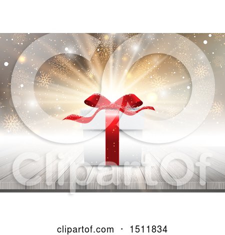Clipart of a 3d Christmas Gift on a Table over a Burst - Royalty Free Vector Illustration by KJ Pargeter
