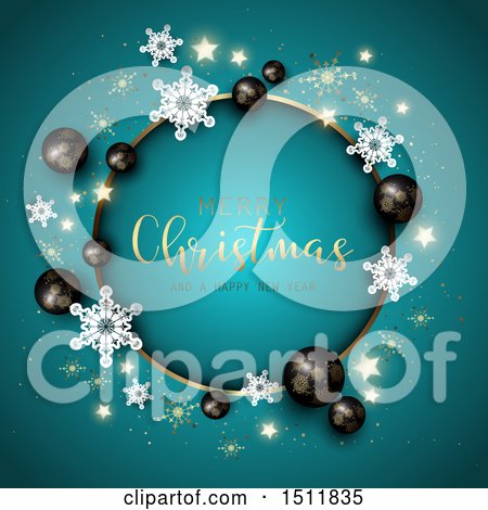 Clipart of a Merry Christmas and a Happy New Year Greeting in a Round Frame with 3d Black Baubles and Snowflakes on Blue - Royalty Free Vector Illustration by KJ Pargeter