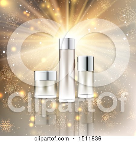 Clipart of 3d Christmas Cosmetic Bottles over Snowflakes and a Burst - Royalty Free Vector Illustration by KJ Pargeter