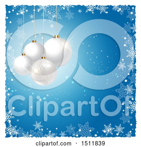Clipart of a Christmas Background with 3d White Ornaments over Blue with a White Snowflake Border - Royalty Free Vector Illustration by KJ Pargeter