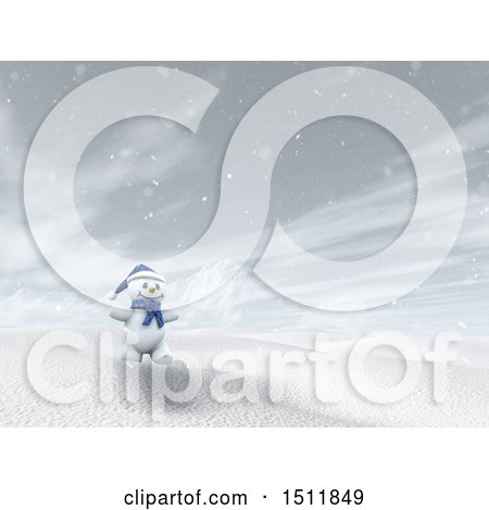 Clipart of a 3d Snowman in a Winter Landscape - Royalty Free Illustration by KJ Pargeter