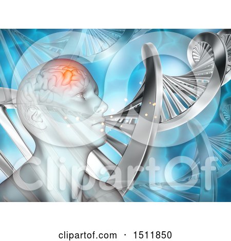 Clipart of a 3d Man with Visible Brain over Dna Strands and Viruses - Royalty Free Illustration by KJ Pargeter
