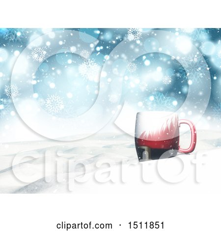 Clipart of a 3d Santa Suit Coffee Mug in a Winter Landscape - Royalty Free Illustration by KJ Pargeter