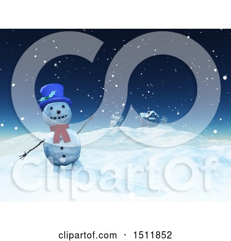 Clipart of a 3d Waving Snowman near a House in a Winter Landscape - Royalty Free Illustration by KJ Pargeter