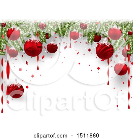 Clipart of a 3d Border of Christmas Tree Branches and Red Baubles over Text Space - Royalty Free Vector Illustration by dero