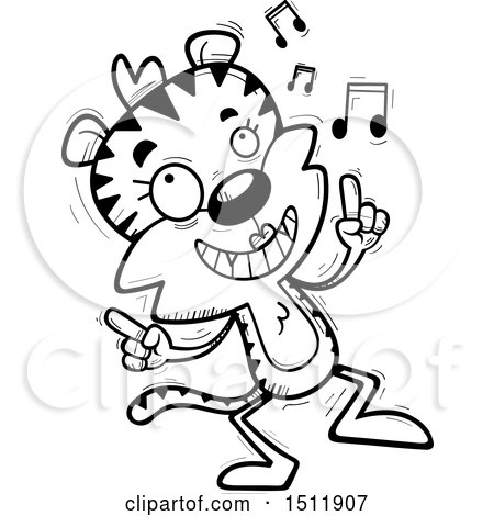 Clipart of a Black and White Happy Dancing Female Tiger - Royalty Free Vector Illustration by Cory Thoman