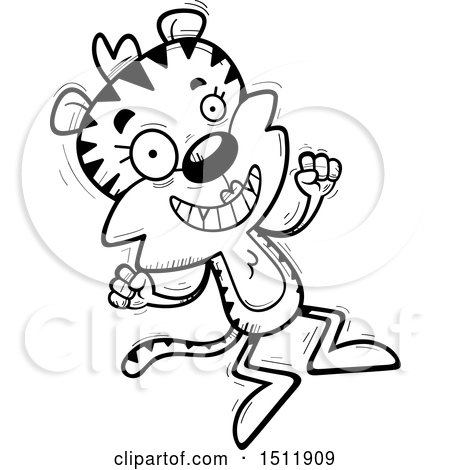 Clipart of a Black and White Jumping Female Tiger - Royalty Free Vector Illustration by Cory Thoman