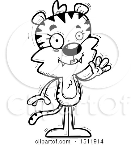 Clipart of a Black and White Friendly Waving Female Tiger - Royalty Free Vector Illustration by Cory Thoman