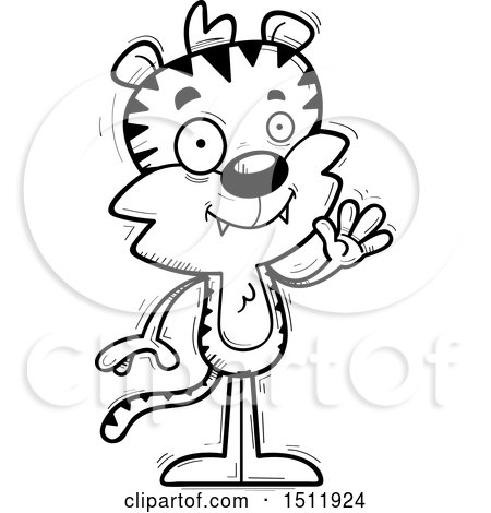 Clipart of a Black and White Friendly Waving Male Tiger - Royalty Free Vector Illustration by Cory Thoman