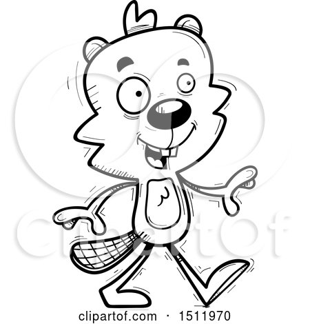 Clipart of a Black and White Happy Walking Male Beaver - Royalty Free Vector Illustration by Cory Thoman