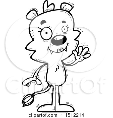 Clipart of a Black and White Friendly Waving Lioness - Royalty Free Vector Illustration by Cory Thoman