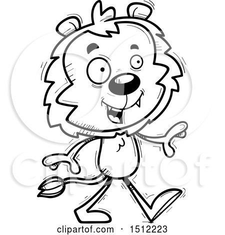 Clipart of a Black and White Happy Walking Male Lion - Royalty Free Vector Illustration by Cory Thoman