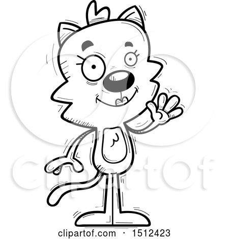 Clipart of a Black and White Friendly Waving Female Cat - Royalty Free Vector Illustration by Cory Thoman