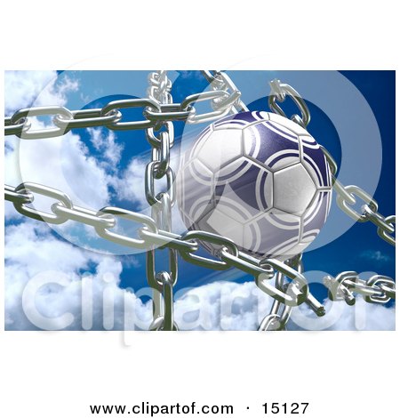 Blue And White Soccer Ball Breaking Through Metal Chains While Making A Goal, Symbolizing Breaking Free, Strength, Victory, And Success Clipart Illustration by Anastasiya Maksymenko