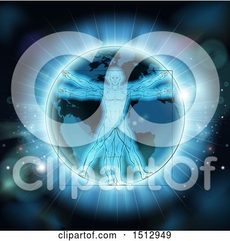 Clipart of a Glowing Earth Globe with a Vitruvian Man - Royalty Free Vector Illustration by AtStockIllustration