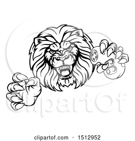 Clipart of a Black and White Male Lion Attacking with a Video Game Controller in One Paw - Royalty Free Vector Illustration by AtStockIllustration