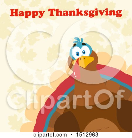 Clipart of a Happy Thanksgiving Greeting over a Peeking Turkey Bird over Leaves - Royalty Free Vector Illustration by Hit Toon