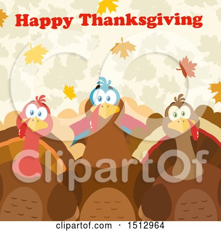 Clipart of a Happy Thanksgiving Greeting over Turkey Birds over Leaves - Royalty Free Vector Illustration by Hit Toon