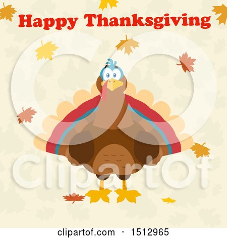 Clipart of a Happy Thanksgiving Greeting over a Turkey Bird and Falling Leaves - Royalty Free Vector Illustration by Hit Toon