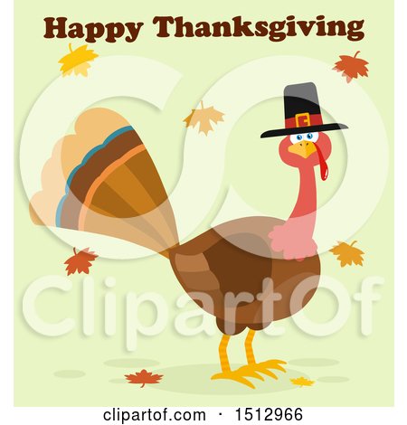 Clipart of a Happy Thanksgiving Greeting over a Pilgrim Turkey Bird and Falling Leaves - Royalty Free Vector Illustration by Hit Toon