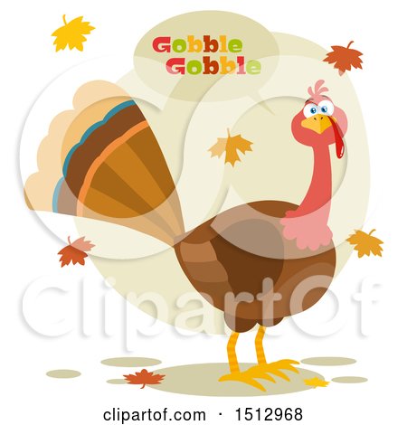 Clipart of a Thanksgiving Turkey Bird Gobbling and Autumn Leaves - Royalty Free Vector Illustration by Hit Toon