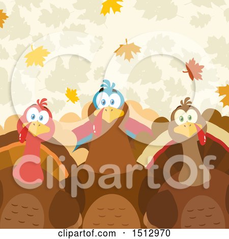 Clipart of a Group of Thanksgiving Turkey Birds over Leaves - Royalty Free Vector Illustration by Hit Toon
