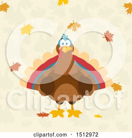 Clipart of a Thanksgiving Turkey Bird and Falling Leaves - Royalty Free Vector Illustration by Hit Toon