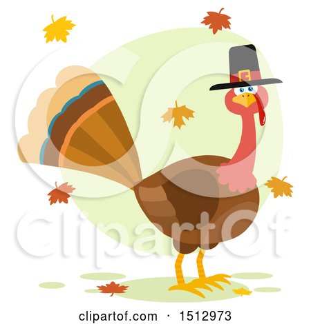Clipart of a Thanksgiving Pilgrim Turkey Bird and Falling Leaves - Royalty Free Vector Illustration by Hit Toon