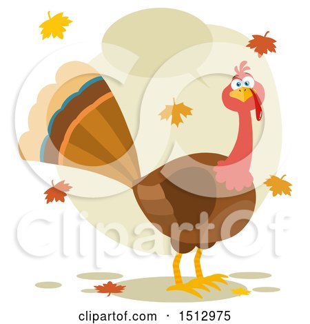 Clipart of a Talking Thanksgiving Turkey Bird and Falling Leaves - Royalty Free Vector Illustration by Hit Toon