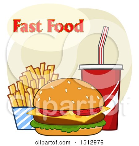 Clipart of a Cheeseburger, French Fries and Fountain Soda with Fast Food Text - Royalty Free Vector Illustration by Hit Toon