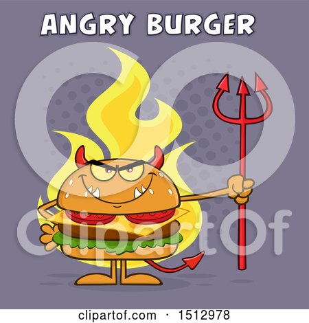 Clipart of a Flaming Devil Cheeseburger Mascot Holding a Trident, with Angry Burger Text over Purple - Royalty Free Vector Illustration by Hit Toon