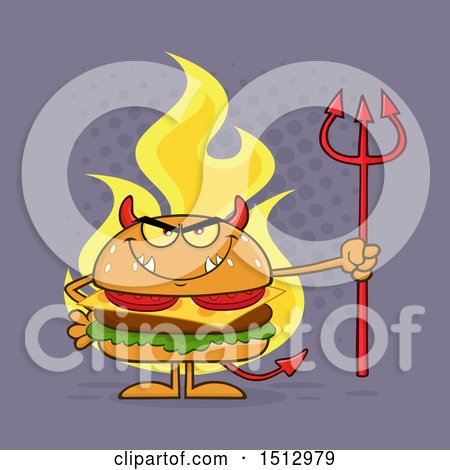 Clipart of a Flaming Devil Cheeseburger Mascot Holding a Trident over Purple - Royalty Free Vector Illustration by Hit Toon